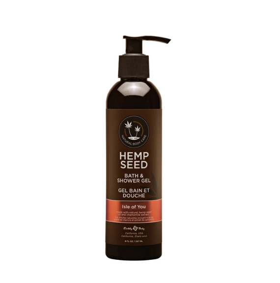 A pump bottle of Earthly Body Hemp Seed Bath & Shower Gel with a label indicating the scent 'Isle of You'.