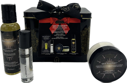 Kama Sutra Sex Magnet Pheromone Gift Set – Vanilla Amber with massage oil, candle, and roll-on in gift tin