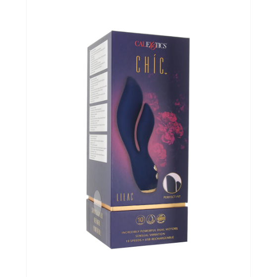 The product image shows the packaging of the CalExotics Chíc Lilac Rechargeable Rabbit. The box is mostly purple with an image of the vibrator on the front and floral graphics.