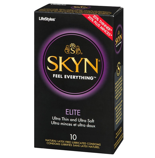 Packaging for Lifestyles SKYN Elite Condoms, indicating a 10 pack quantity, with branding and product benefits highlighted.