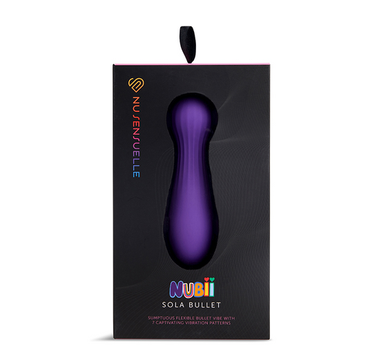A purple, pear-shaped vibrator named 'nüsensuelle Sola Bullet' is displayed in its packaging. The packaging is black with a hint of purple and features the product name and some descriptive text.