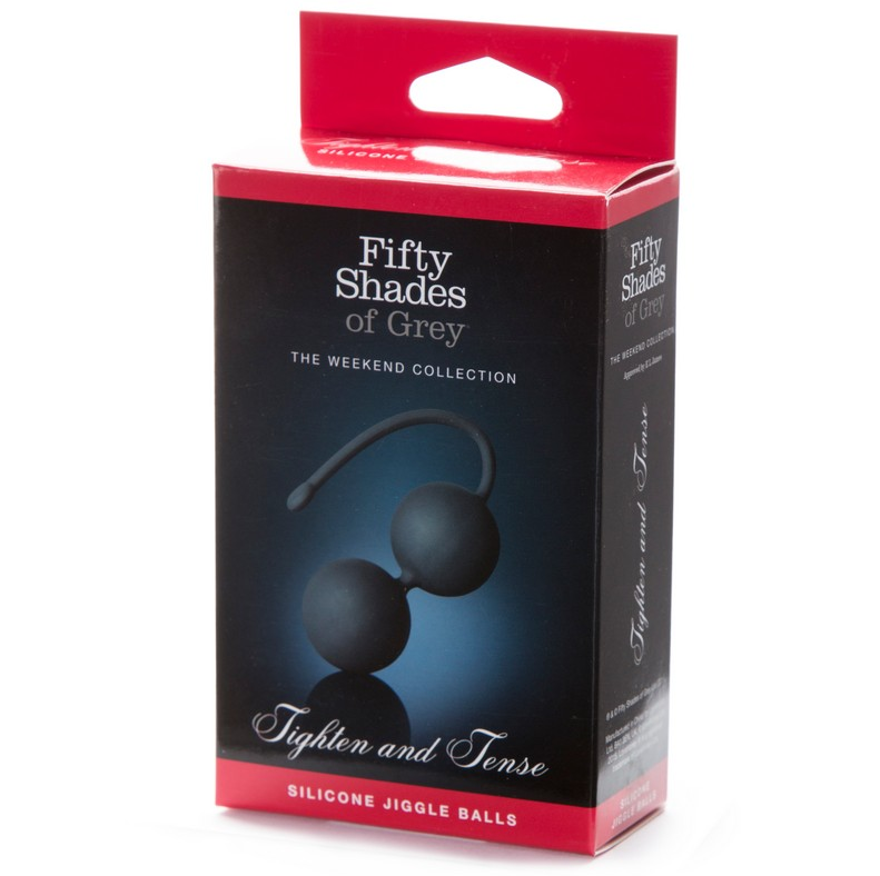 The product image shows the packaging of Fifty Shades of Grey Tighten and Tense Silicone Jiggle Balls. The box features the product name and a silhouette image of the black silicone balls with a red and black design.
