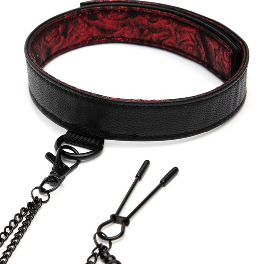 Sweet Anticipation Collar & Nipple Clamps with rose print and chain detail