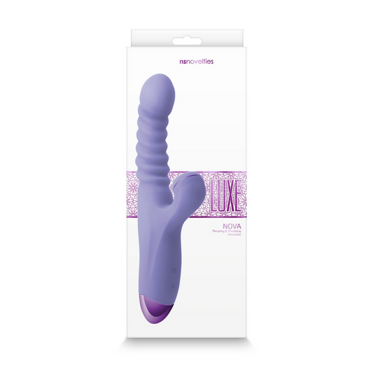 A purple vibrator in its packaging, branded as Luxe by Nova, with a curved design and a smaller extension for clitoral stimulation.