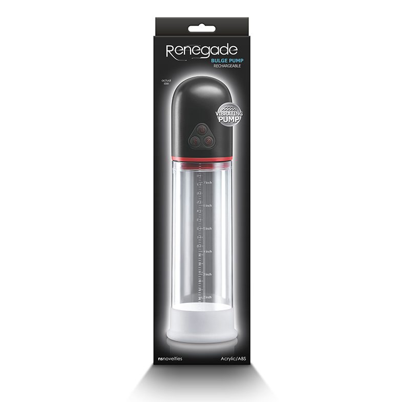 The product is a black and transparent suction pump named 'Renegade Bulge' in its packaging. The packaging highlights its key features, including powerful suction and vibration, a super-soft silicone stroker sleeve, and compatibility with all lubricants.