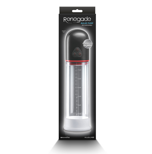 The product is a black and transparent suction pump named 'Renegade Bulge' in its packaging. The packaging highlights its key features, including powerful suction and vibration, a super-soft silicone stroker sleeve, and compatibility with all lubricants.