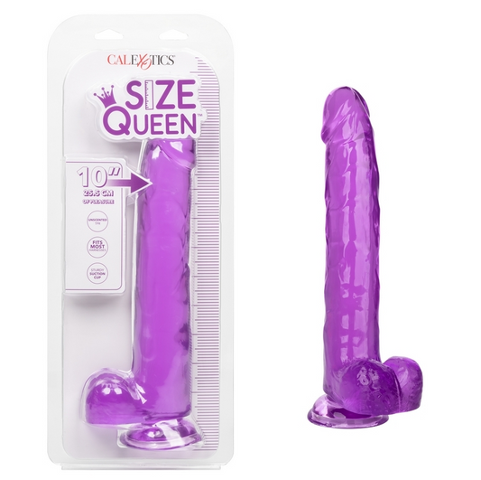 A 10-inch purple dildo with a realistic texture, shown both in its packaging and separately. The packaging highlights its queen-size and 10-inch length.