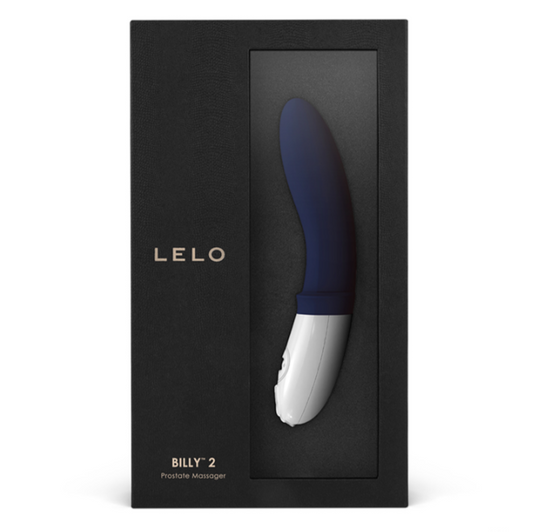 The product image shows the Lelo Billy 2 prostate massager in deep blue, packaged in a black box with the product name and branding visible. The massager has an ergonomic design with a tapered body and a white base featuring control dials.