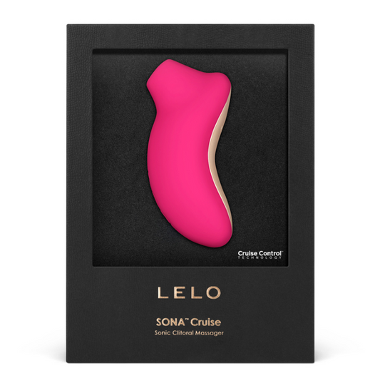 A pink vibrator named Lelo Sona Cruise, showcased in a sleek black box with the product name and 'Cruise Control' highlighted.