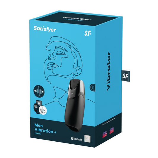 The product image shows the packaging of the Satisfyer Men Vibration Plus. The box is predominantly blue with an illustration of a male torso and a black vibrator.