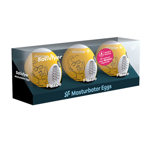 Satisfyer Masturbation Egg 3 Pack Fierce packaging and eggs