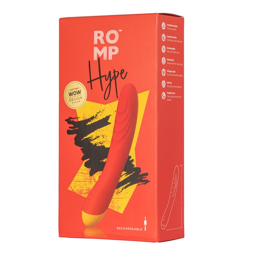 ROMP Hype G-Spot Vibrator in red, angled to show curved tip