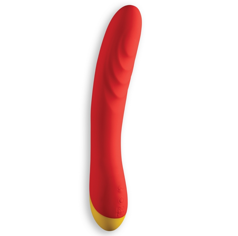 ROMP Hype G-Spot Vibrator in red, angled to show curved tip