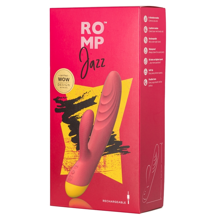 ROMP Jazz Rabbit Vibrator in berry color with curved shaft and clitoral arm
