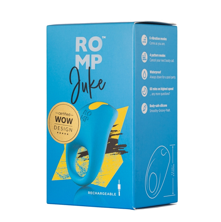 ROMP Juke Vibrating Penis Ring in blue with flexible silicone design