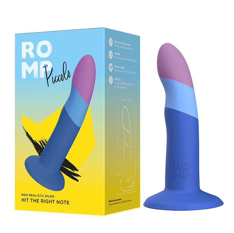 A purple silicone dildo with a curved shaft and flared base, shown next to its colorful packaging that highlights the product's features.