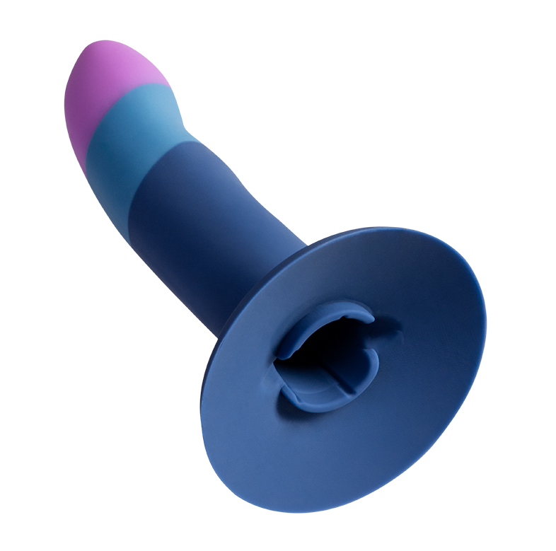 ROMP Piccolo Silicone Dildo – smooth purple curved toy with flared suction cup base