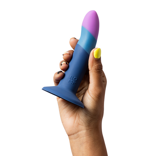 ROMP Piccolo Silicone Dildo – smooth purple curved toy with flared suction cup base