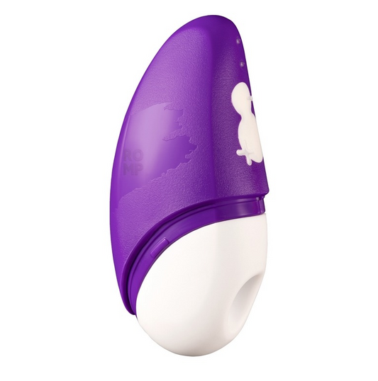 ROMP Free stimulator shown with travel cover and charging cable