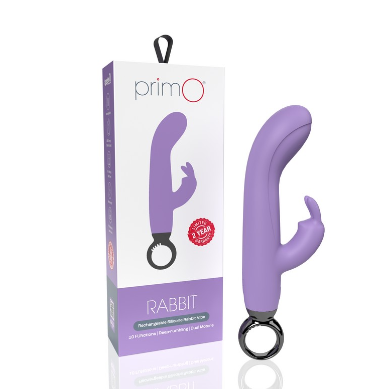 Screaming O PrimO Rechargeable Rabbit vibrator in Lilac – broad head and loop handle design