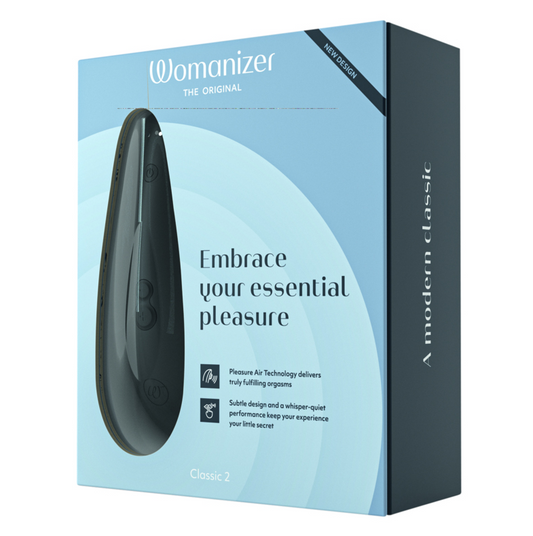 The product image shows the packaging of the Womanizer Classic 2, a black vibrator with a curved design. The box features the product name and highlights its key features such as Pleasure Air Technology, IPX7 waterproof rating, and 180 minutes of operating time.