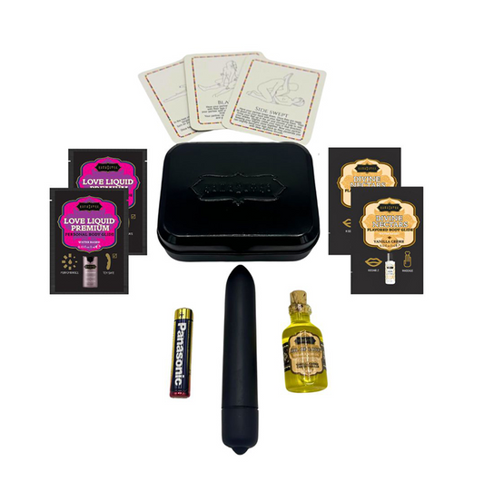 Kama Sutra Weekender Kit – Vanilla Crème with mini vibe, flavored oil, lubes, and play cards in travel tin | PurpleNight.ca