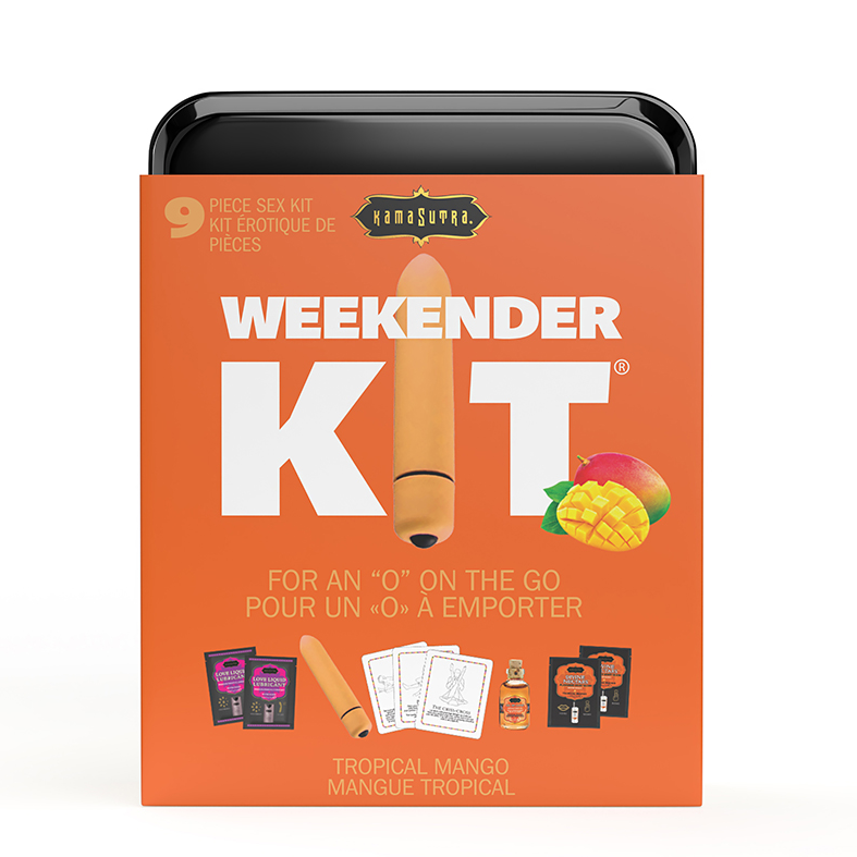 Kama Sutra Tropical Mango Weekender Vibe Kit – bullet vibe, flavored oils, lubes, and play cards in black travel tin | PurpleNight.ca