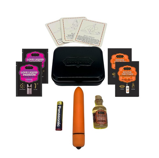 Kama Sutra Tropical Mango Weekender Vibe Kit – bullet vibe, flavored oils, lubes, and play cards in black travel tin | PurpleNight.ca