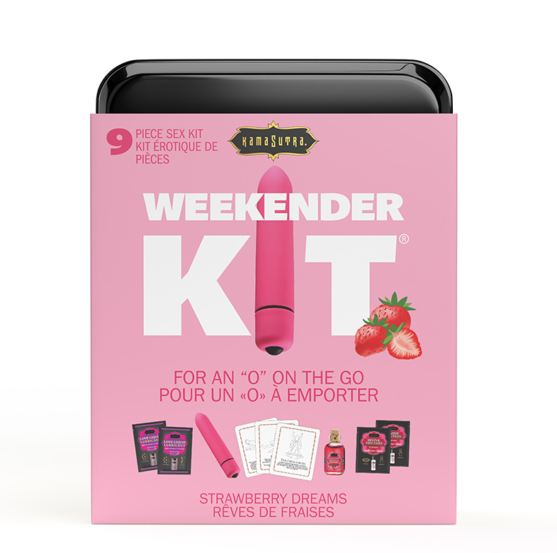 Kama Sutra Weekender Kit – Strawberry Dreams flavor – mini bullet vibe, kissable oil, lubes & play cards in discreet travel tin | PurpleNight.ca