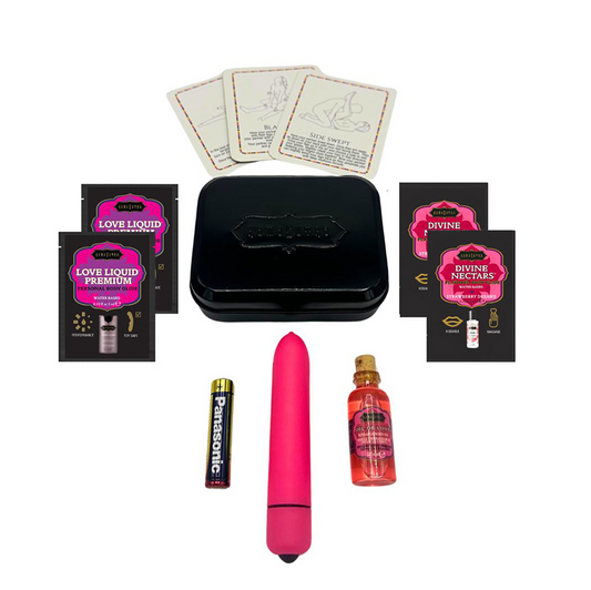 Kama Sutra Weekender Kit – Strawberry Dreams flavor – mini bullet vibe, kissable oil, lubes & play cards in discreet travel tin | PurpleNight.ca