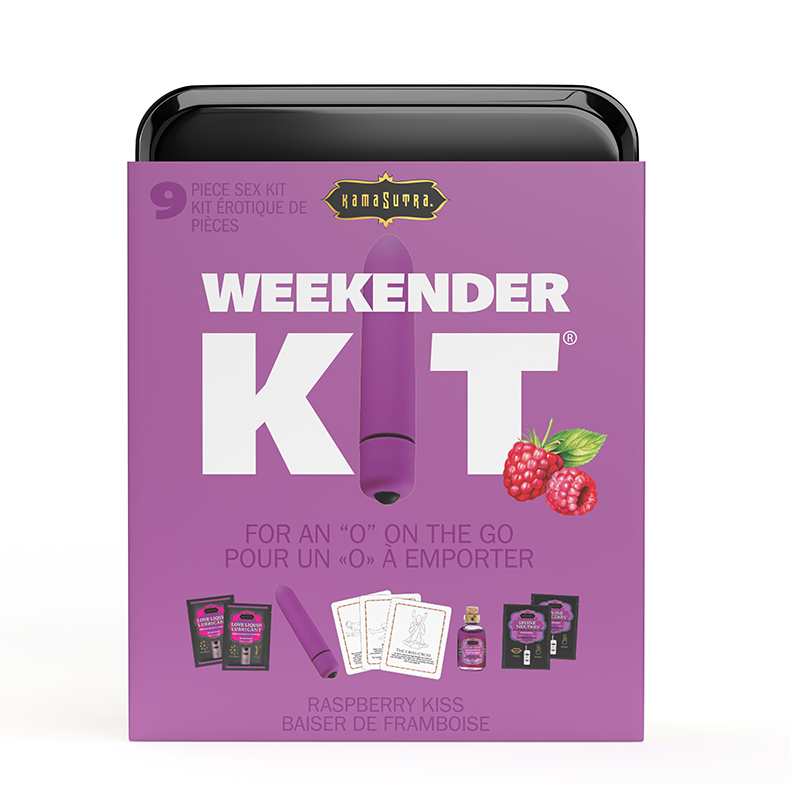 Kama Sutra Weekender Kit – Raspberry Kiss flavor with mini vibe, flavored oil, lubes, and play cards in black tin | PurpleNight.ca