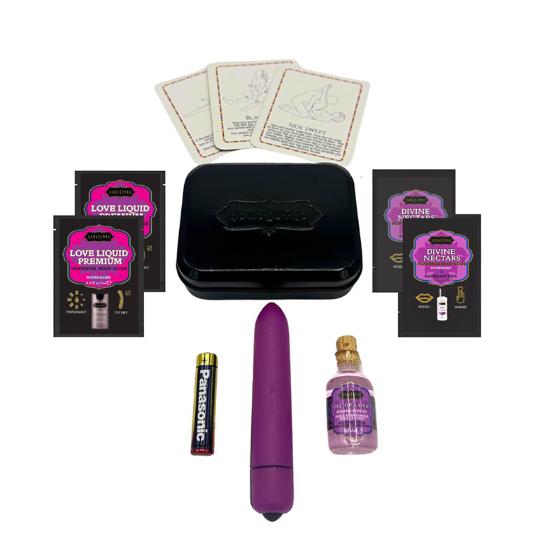 Kama Sutra Weekender Kit – Raspberry Kiss flavor with mini vibe, flavored oil, lubes, and play cards in black tin | PurpleNight.ca