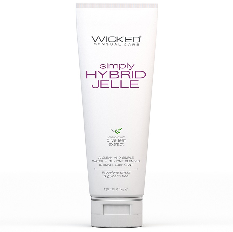 Wicked Simply Hybrid Jelle – 4oz extra-thick hybrid lubricant gel with clean ingredients and olive leaf extract