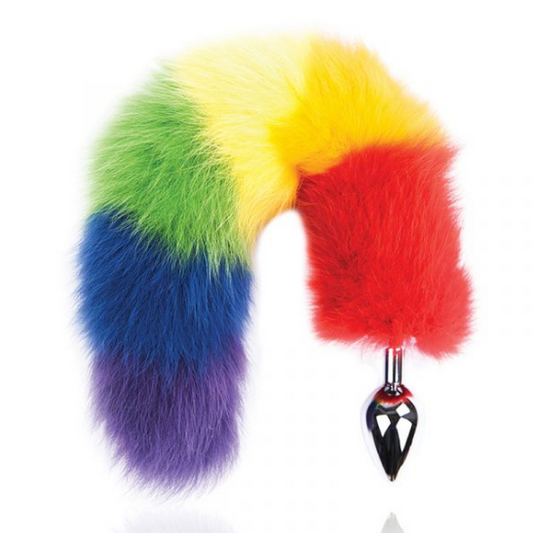 Rainbow Fox Tail Butt Plug with contoured stainless steel tip and soft rainbow faux fur tail