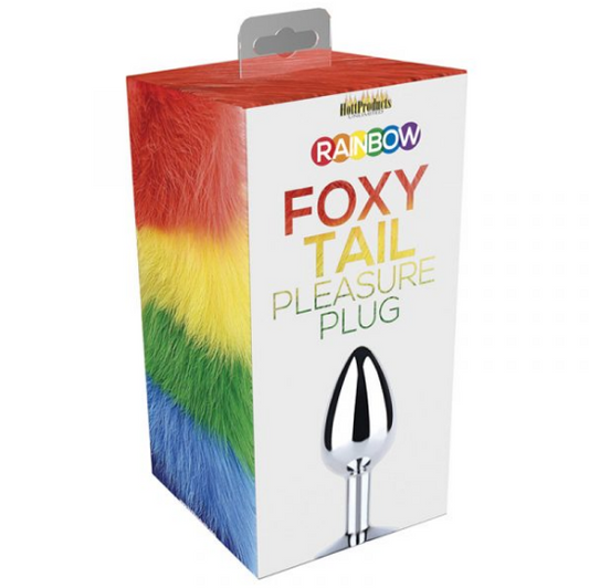 Rainbow Fox Tail Butt Plug with contoured stainless steel tip and soft rainbow faux fur tail