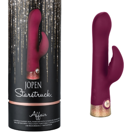 CalExotics Starstruck Affair rabbit vibrator – glitter silicone dual stimulator with rotating shaft and flickering clitoral teaser.