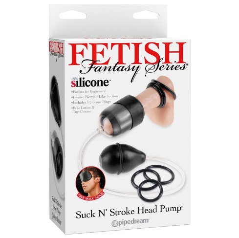 Pipedream Fetish Fantasy Suck N' Stroke Head Pump kit with sleeve, cylinder, pump ball, and accessories displayed