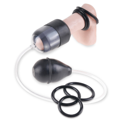 Pipedream Fetish Fantasy Suck N' Stroke Head Pump kit with sleeve, cylinder, pump ball, and accessories displayed