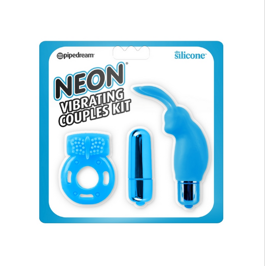 Neon Vibrating Couples Kit – Blue Mini Rabbit Vibrator and Cock Ring Set