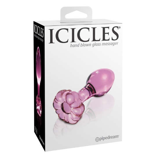 The product image shows the packaging of the Icicles No. 48 Glass Plug, which is a hand-crafted, purple-colored glass butt plug with a decorative base, displayed on a white background.