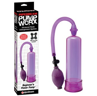 A purple beginner's power pump with a clear vacuum tube and a medical-style pump ball, displayed in its packaging.