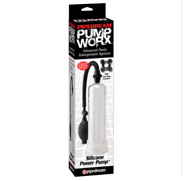 The product image shows the Pump Worx Silicone Power Pump, which includes a clear vacuum tube, a black manual pump, and a white cylindrical chamber. It is packaged in a black and white box with branding and product information.