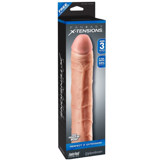 The product image shows the packaging of the Fantasy X-tensions Perfect 3″ Extension. The box is predominantly white and blue, with a clear window displaying the flesh-colored sleeve inside.