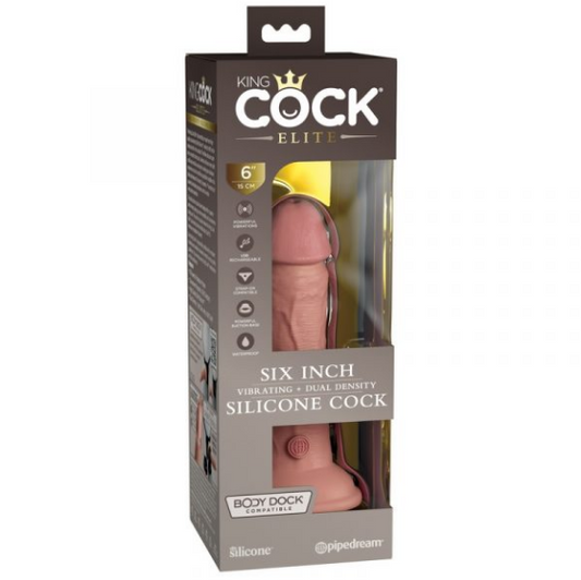 A realistic-looking silicone dildo with detailed veins and contours, packaged in a box that highlights its features, including its 6-inch size and vibrating capabilities.