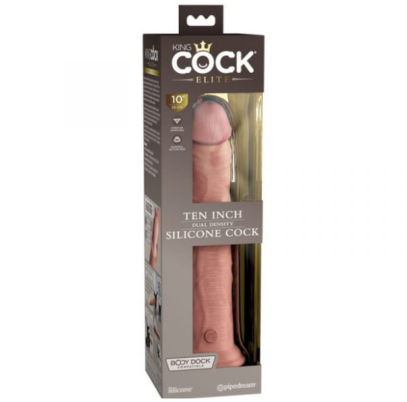 A realistic-looking silicone dildo with a wide suction cup base, packaged in a box that highlights its 10-inch size and dual-density design.