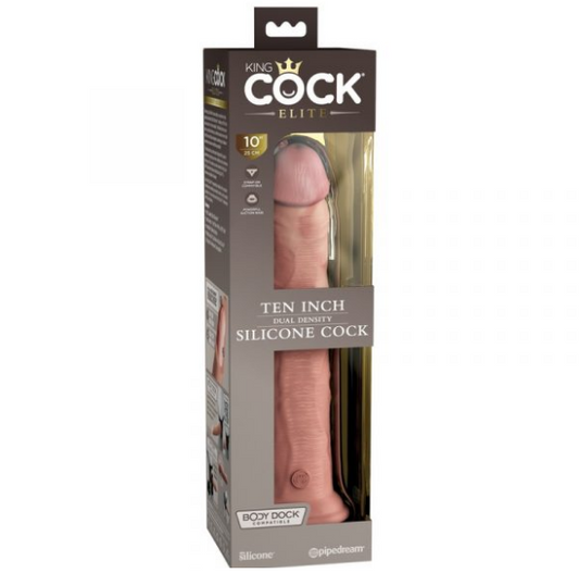 A realistic-looking silicone dildo with a wide suction cup base, packaged in a box that highlights its 10-inch size and dual-density design.