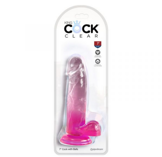 A pink dildo with a realistic design, including a flexible shaft, detailed veins, and a defined head. The product is packaged in a clear plastic case, displaying its features and dimensions.
