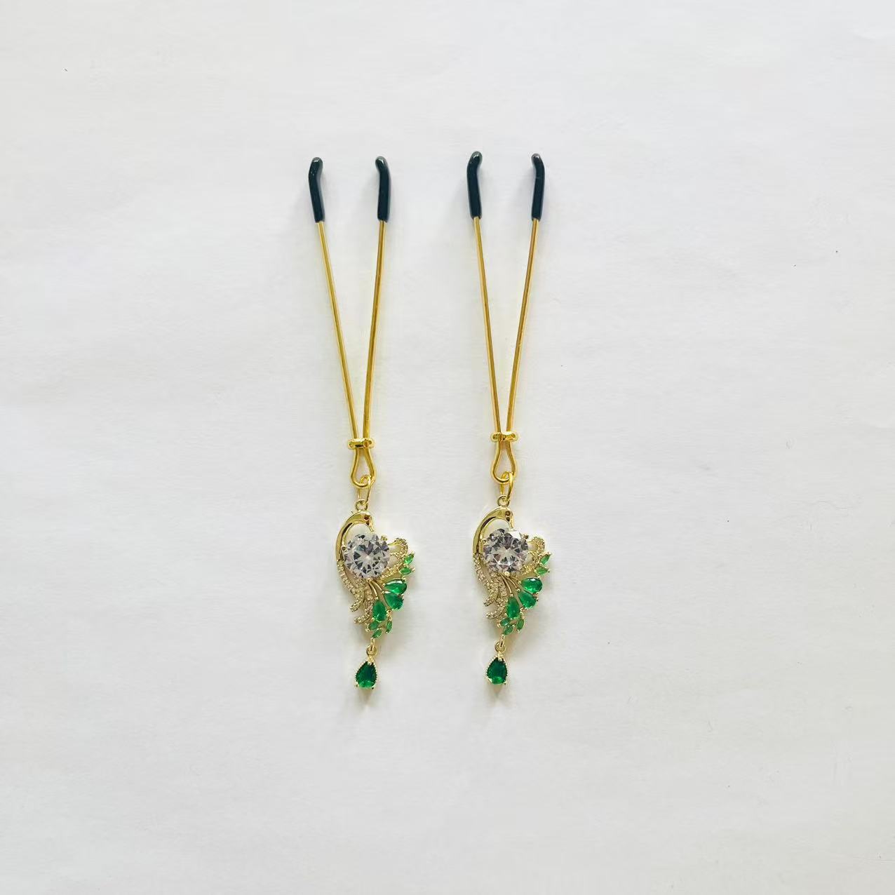 Peacock Crystal Nipple Clamps – Emerald Elegance with Teardrop Detail