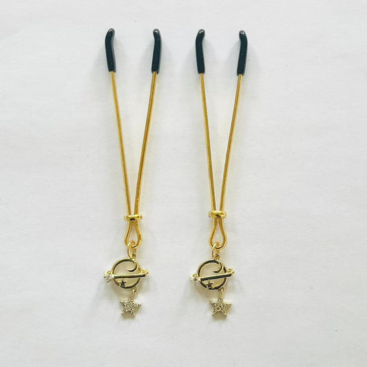 Gold nipple clamps with orbit planet and dangling star charm – PurpleNight.ca
