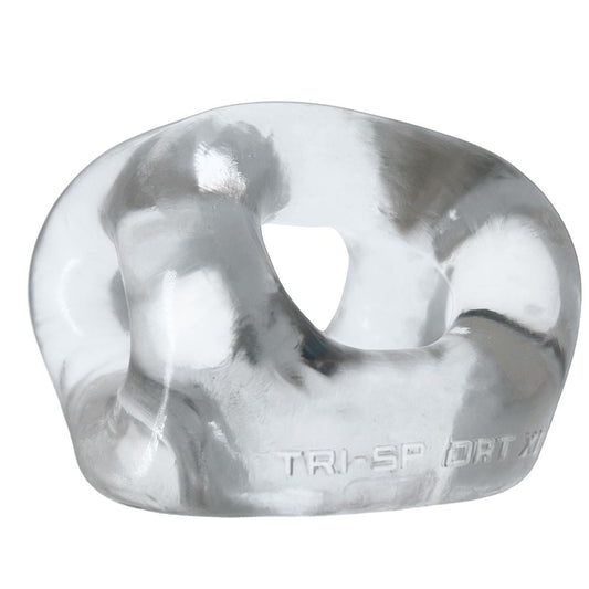 A clear, thicker cocksling with three different-sized rings, each with a curved shape, made from a rubbery material. The product has a glossy finish and is labeled with the brand name 'OXBALLS' and the product name 'TRISPORT XL'.